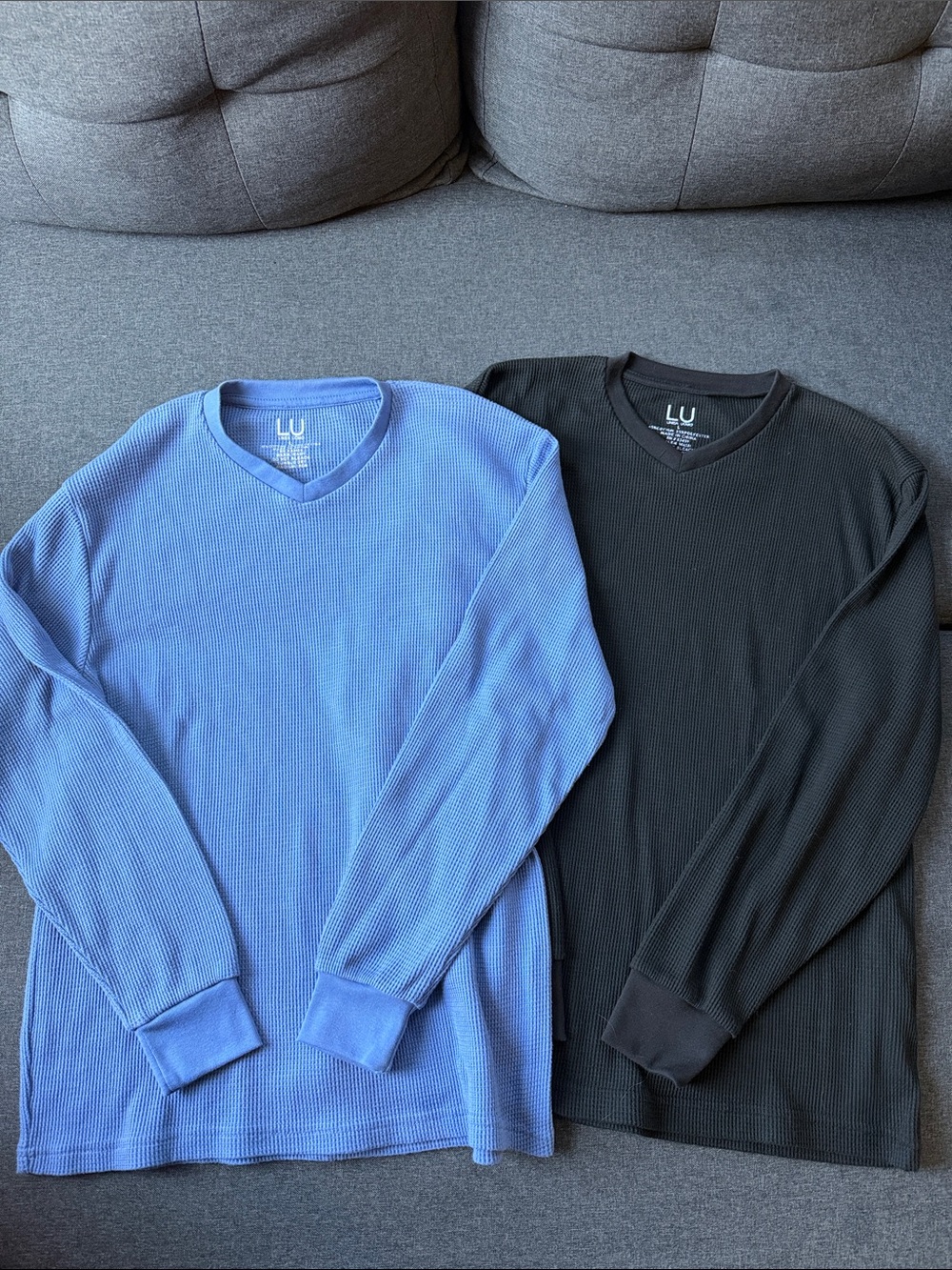 LU Linea Uomo Men’s Thermal Waffle Knit V-Neck Shirts Black & Blue Large 2-Pack